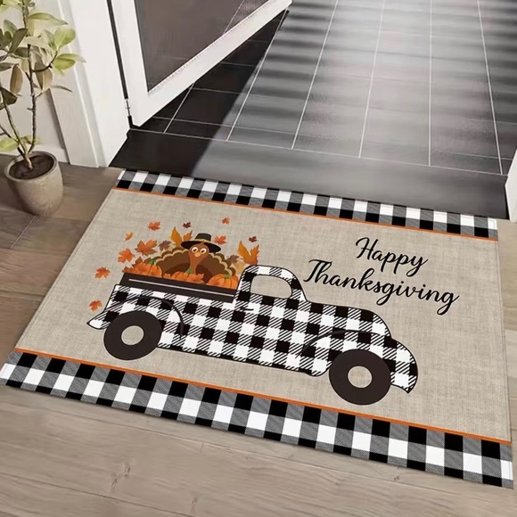 Other - Thanksgiving Maple Leaf Truck Checkered Striped Floor Mat